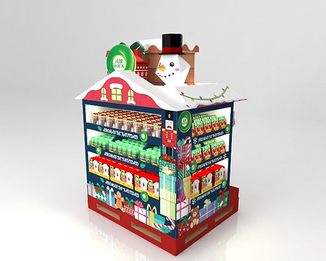 Diseño de exhibidor de cartón 4 vistas. Diseño de Pallet para supermercado con temática navideña de la marca Air Wick.Elementos navideños como muñeco de nieve y chimenea.. Diseño industrial POP.