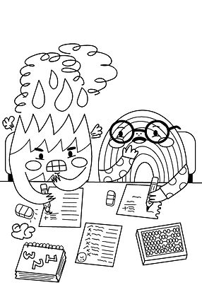 Mis Emociones coloring book interior illustration. Vector illustration of angry Fire trying to do math.
