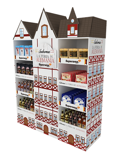 Diseño de exhibidor en cartón y plásticos de la marca Alpura. Diseño de medio pallet para supermercados. Identidad de marca y exhibición de producto. Diseño con molino, granja y cabeza de vaca. Diseño Industrial POP