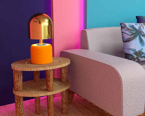 Propuesta de diseño en render de sala inspirada en el estilo glam de los años 80. Diseño de muebles, decoración y productos