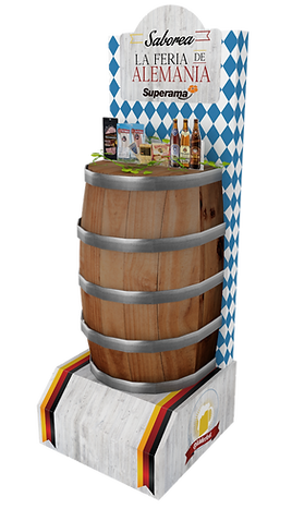 Diseño de exhibidor para Feria de Alemania de Superama. Standee con temática alemana de barril y exhibición de productos alemanes. Diseño Industrial POP