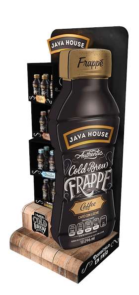 Diseño de exhibidor multimaterial para Java House. Exhibición de producto de café frío. Gigantismo de producto y botella. Diseño para supermercados y puntos de venta. Diseño Industrial POP.