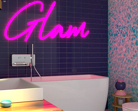 Propuesta de diseño en render de baño inspirada en el estilo glam de los años 80. Diseño de decoración, productos y accesorios