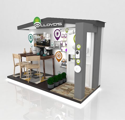 Diseño de stand interactivo. Iluminación y productos inteligentes para el hogar. Simulación de comedor, entrada y sala de casa. Diseño Industrial POP.