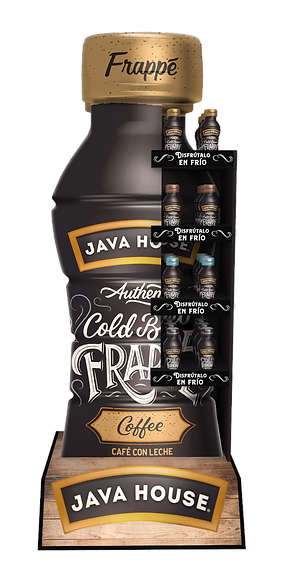 Diseño de exhibidor multimaterial para Java House. Exhibición de producto de café frío. Gigantismo de producto y botella. Diseño para supermercados y puntos de venta. Diseño Industrial POP.