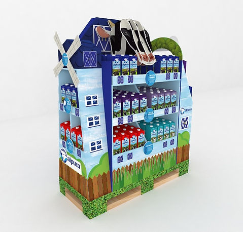 Diseño de exhibidor en cartón y plásticos de la marca Alpura. Diseño de medio pallet para supermercados. Identidad de marca y exhibición de producto. Diseño con molino, granja y cabeza de vaca. Diseño Industrial POP