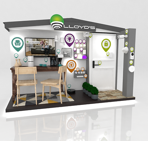 Diseño de stand interactivo. Iluminación y productos inteligentes para el hogar. Simulación de comedor, entrada y sala de casa. Diseño Industrial POP.