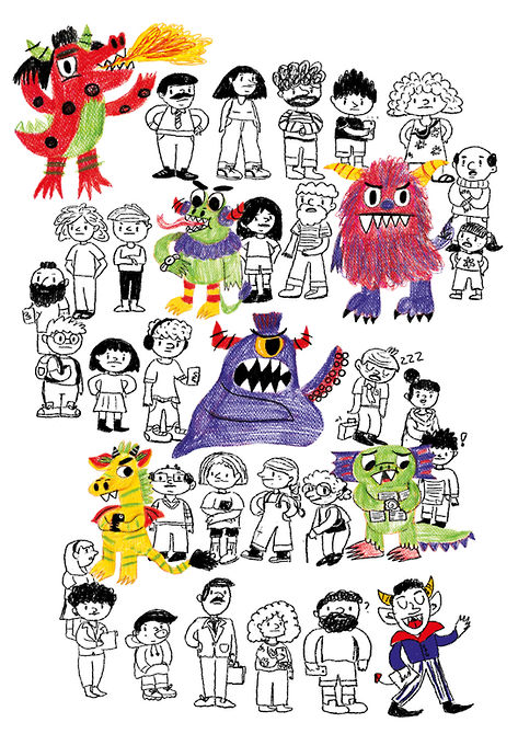 Illustration of a line of people and monsters. Mixed media and digital illustration. Drawing made with colored pencils and digital tools.