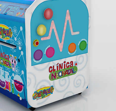 Rediseño de exhibidor de la marca Distroller para jugueterías. Clínica Neonatal interactiva para niños. Mutlimaterial con iluminación LED y elementos interactivos. Diseño Industrial POP. Detalles de la instalación con luces LED, botones interactivos y elementos coloridos con tema de cunero u hospital