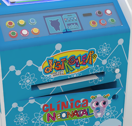 Rediseño de exhibidor de la marca Distroller para jugueterías. Clínica Neonatal interactiva para niños. Mutlimaterial con iluminación LED y elementos interactivos. Diseño Industrial POP. Detalles de la instalación con luces LED, botones interactivos y elementos coloridos con tema de cunero u hospital
