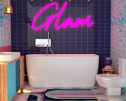 Propuesta de diseño en render de baño inspirada en el estilo glam de los años 80. Diseño de decoración, productos y accesorios