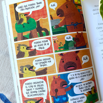 Ilustración editorial infantil de capibara con picabuey. ilustración para libros infantiles.