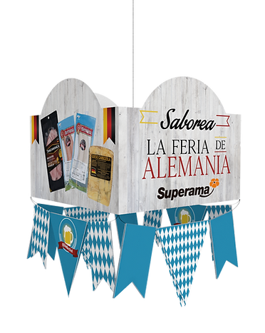 Diseño de exhibidor colgante para Feria de Alemania de Superama. Lenguaje gráfico y diseño inspirado en la cultura y productos alemanes. Diseño Industrial POP.