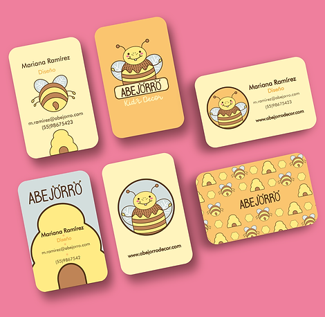 identidad de marca con personaje de abejorro, marca infantil de decoración tierna con diseño vectorial. Tarjetas de presentación con presencia de marca e identidad