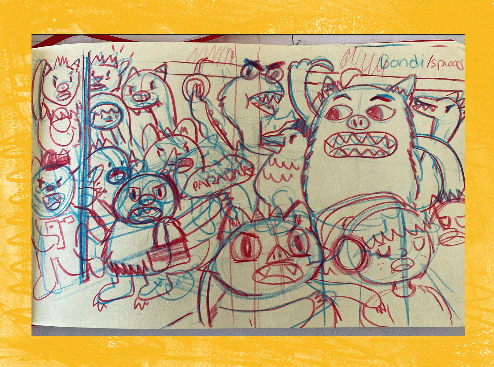 Creative process behind the illustration of a group of angry monsters taking the bus during rush hour