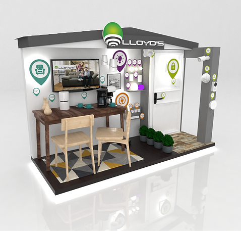 Diseño de stand interactivo. Iluminación y productos inteligentes para el hogar. Simulación de comedor, entrada y sala de casa. Diseño Industrial POP.