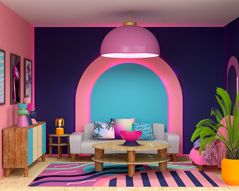 Propuesta de diseño en render de sala inspirada en el estilo glam de los años 80. Diseño de muebles, decoración y productos