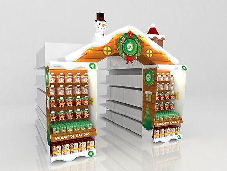 Diseño de exhibidor para Navidad de la marca Air Wick. Arco pasillo para góndola de supermercado. Diseño en corrugado y multimaterial con exhibición de producto. Diseño industrial POP.