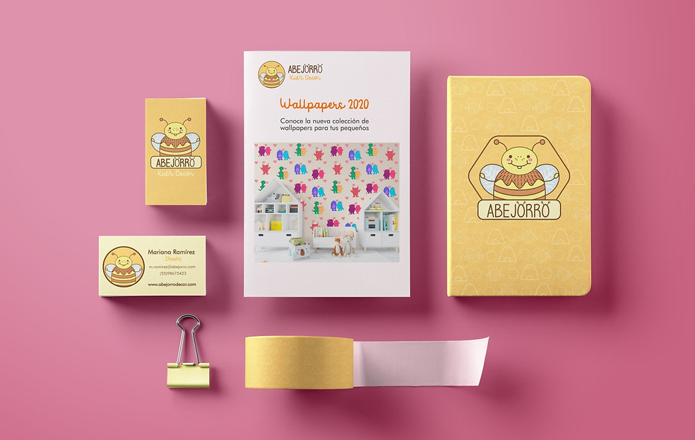 identidad de marca con personaje de abejorro, marca infantil de decoración tierna con diseño vectorial. Diseño de papelería o stationery con abejorro tierno con presencia e identidad de marca.
