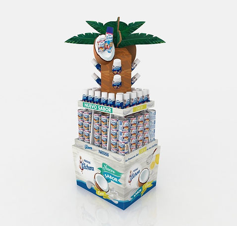 Diseño de exhibidor 4 vistas de la Lechera. Presentación y exhibición de nuevo producto sabor coco para supermercados. Diseño playero con palmera y cocos en cartón. Diseño industrial POP.