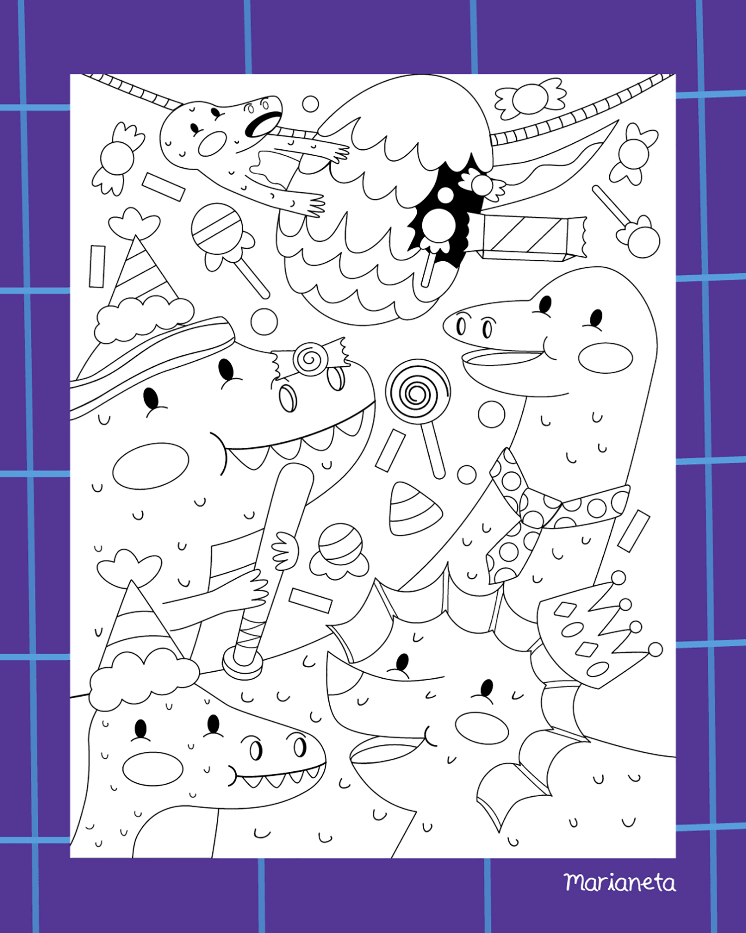 Vector illustration of a birthday party with dinosaurs. 