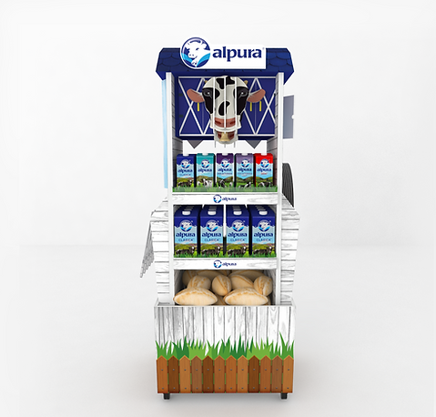 Diseño de exhibidor multimaterial para panaderías y autoservicios de la marca Alpura. Presencia de producto e imagen de la marca, tema de granja con vaca, granero y molino. Diseño premium para puntos de venta. Diseño Industrial POP.