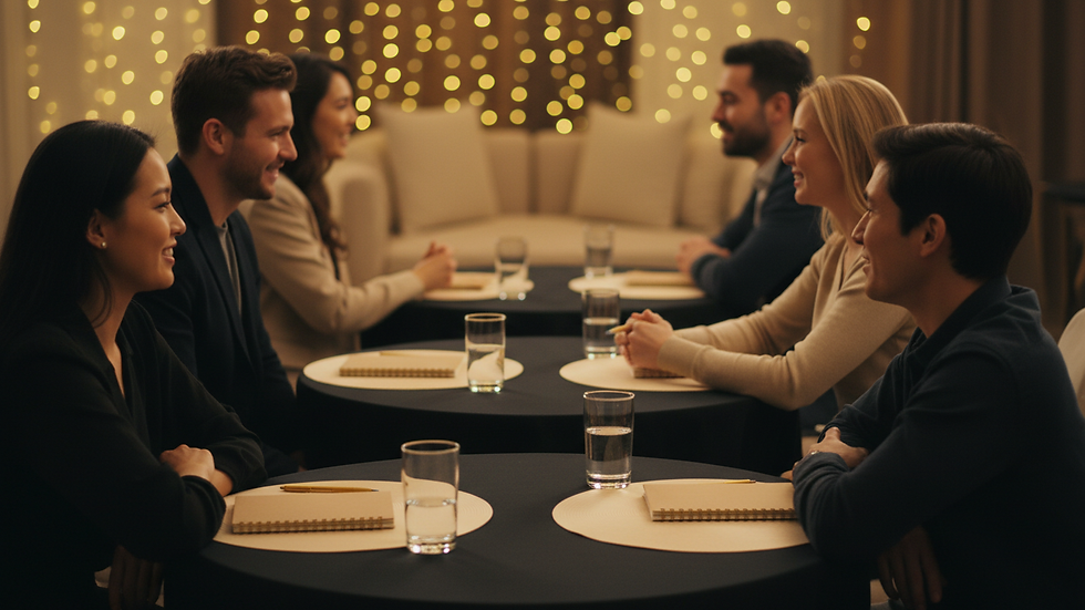 Plan rapproché d'une table avec des verres d'eau et des carnets pour speed dating