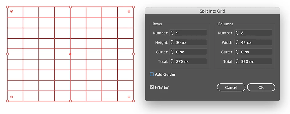 Split into Grid function on Adobe Illustrator
