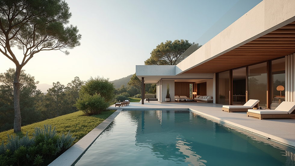 Eye-level view of a luxurious modern home with a stunning landscape
