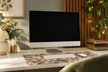 iMac workspace in a warm home office with greenery and natural light