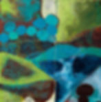 Abstract art with blue circles, green, and brown shapes with texture and details.