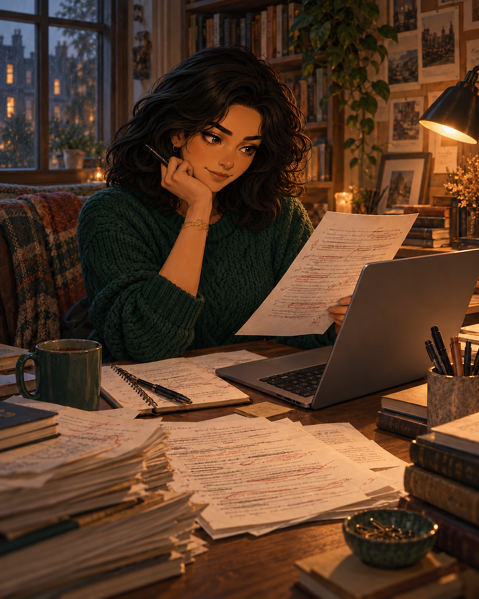 Mulher de suéter verde revisa um documento anotado ao lado de um laptop, em escritório aconchegante e iluminado à noite.