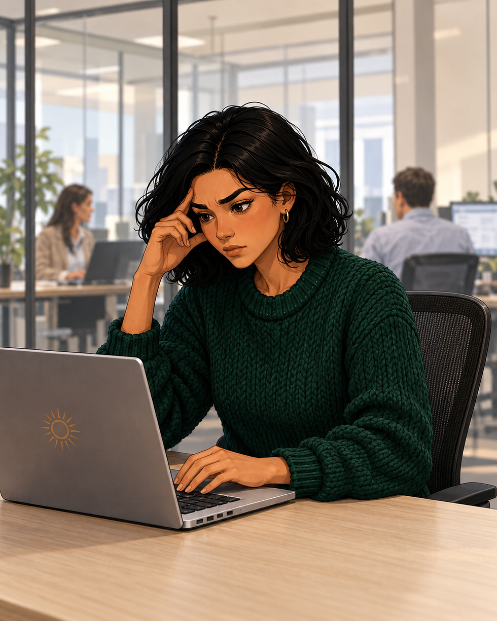 Mulher de suéter verde trabalha no laptop em escritório envidraçado, com expressão preocupada.