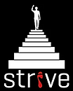 Person ascends steps; strive with red footprint logo