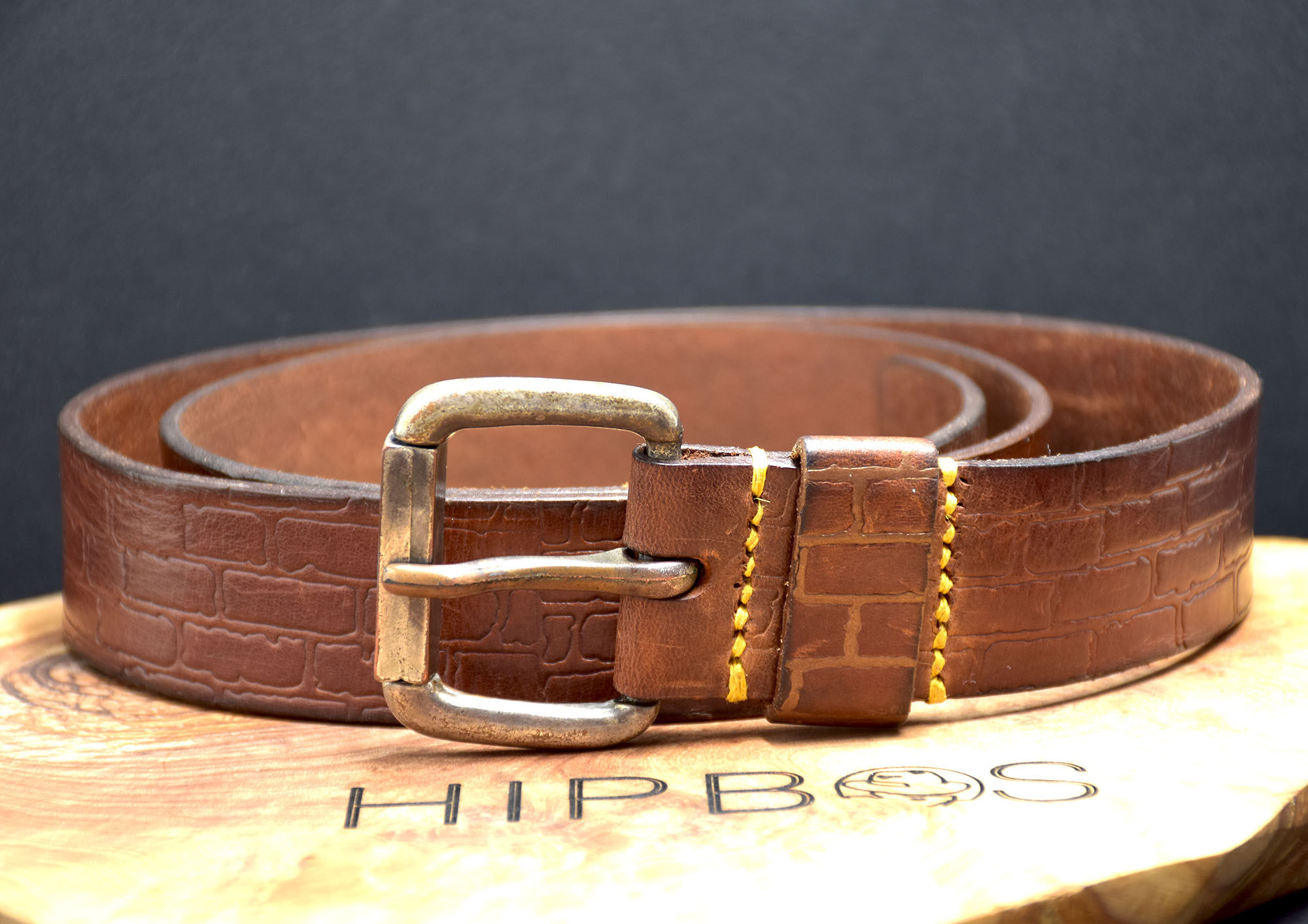 HipBos Handmade Custom Leather Belt Embossed Brick Design