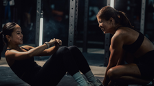 Two women in a gym, one doing sit-ups and the other supporting her feet, both smiling. Dark setting, bright lights in the background.