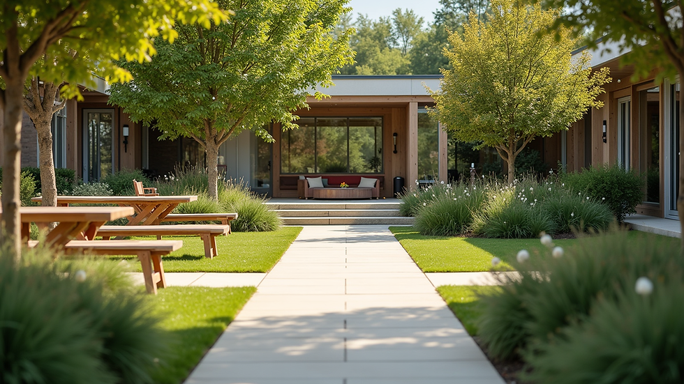 Eye-level view of a serene garden space with seating for community gatherings
