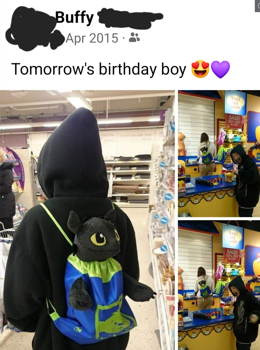 Facebook post of K in Build-a-Bear for his birthday