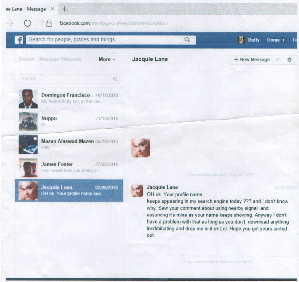 Facebook inbox message from Jacquie Lane claiming to have read my post