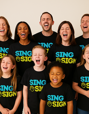 A choir singing wearing t-shirts with Sing & Sign written on them