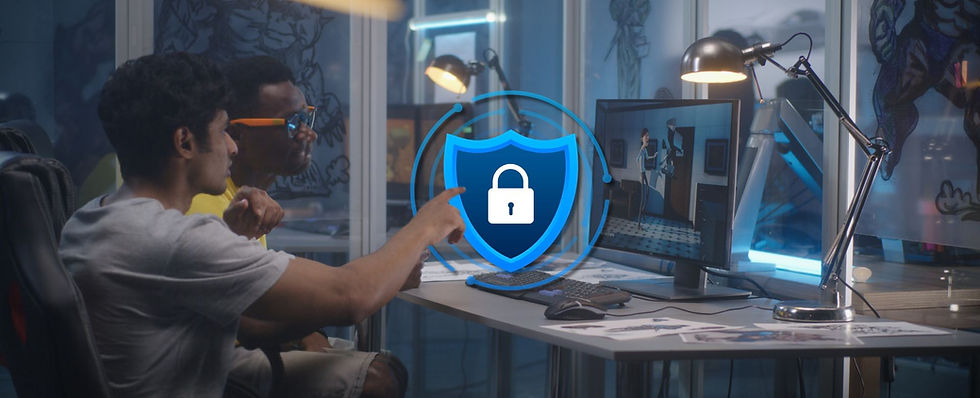 Person interacting with a holographic security shield icon in a modern office environment, symbolizing advanced digital security measures