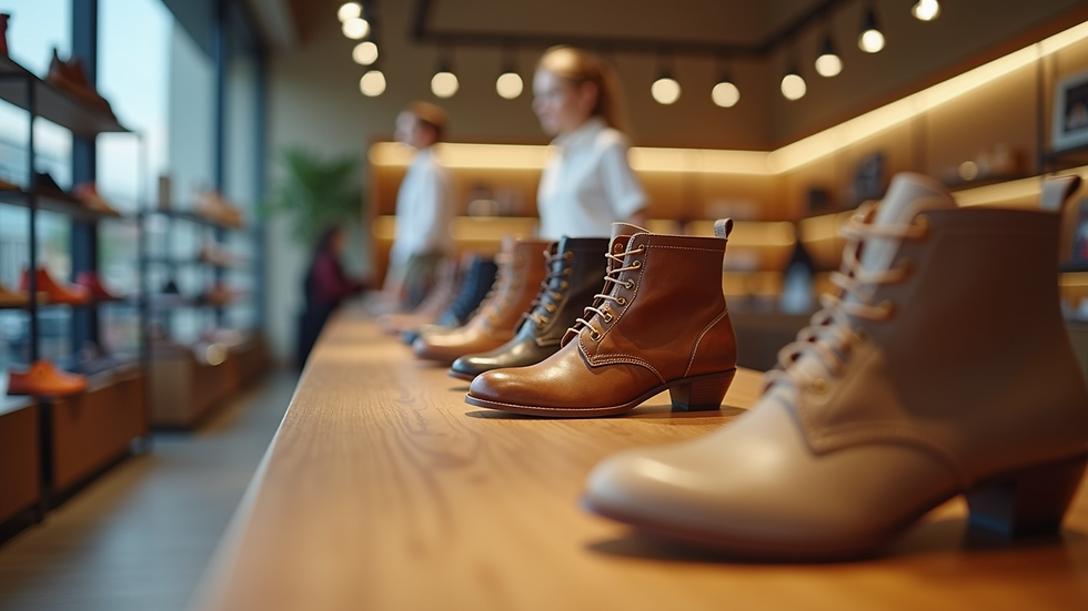 Eye-level view of a stylish shoe display in a modern store