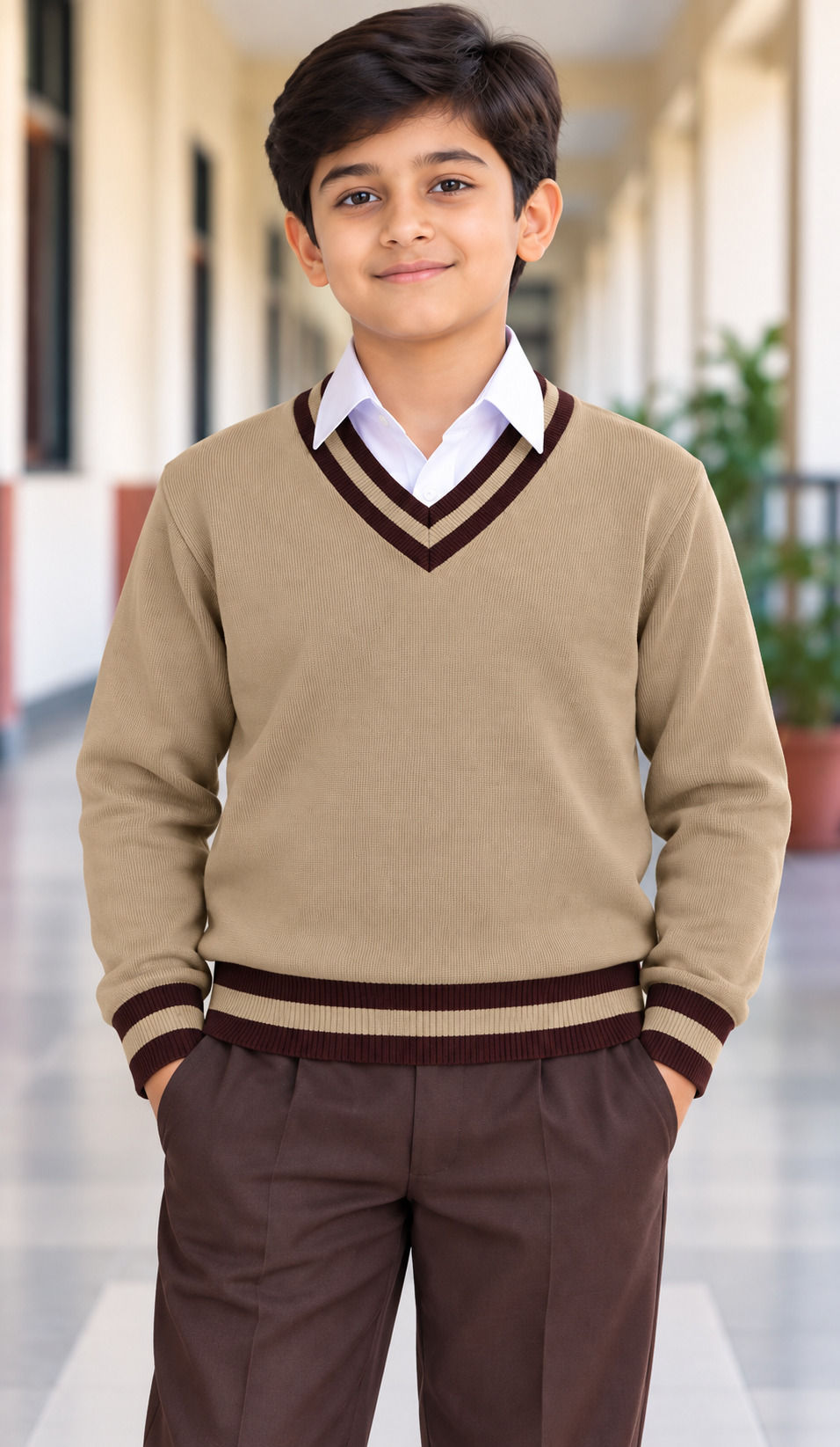 TOWRCO Beige School Sweater for Boys | Full Sleeves V-Neck Uniform Sweater