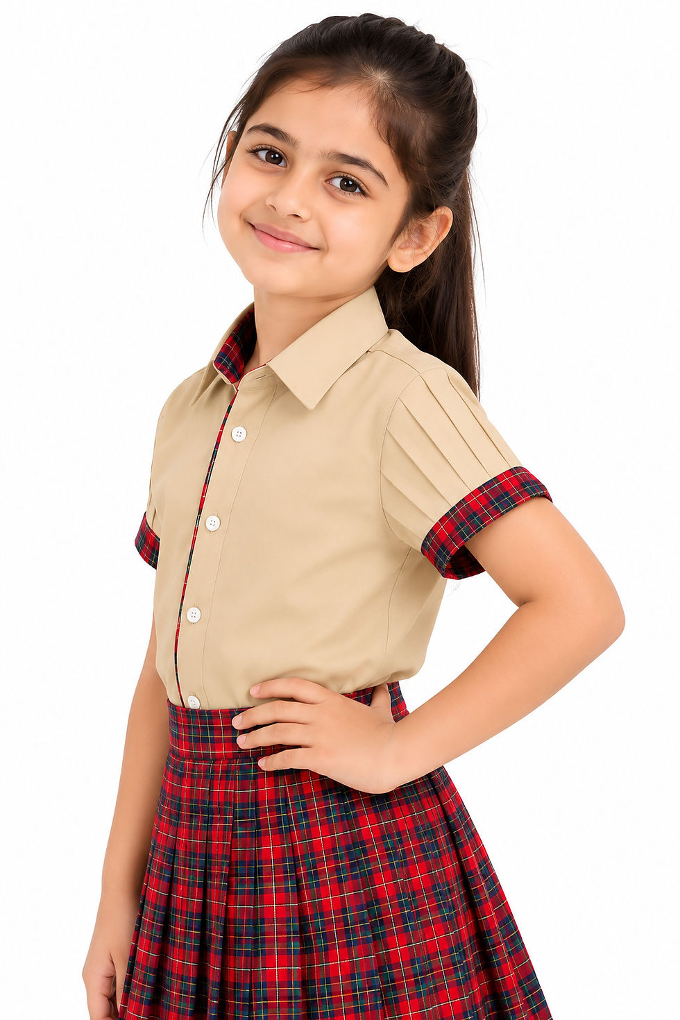 TOWRCO Girls Beige School Uniform Shirt | Checkered Collar & Sleeve Cuffs