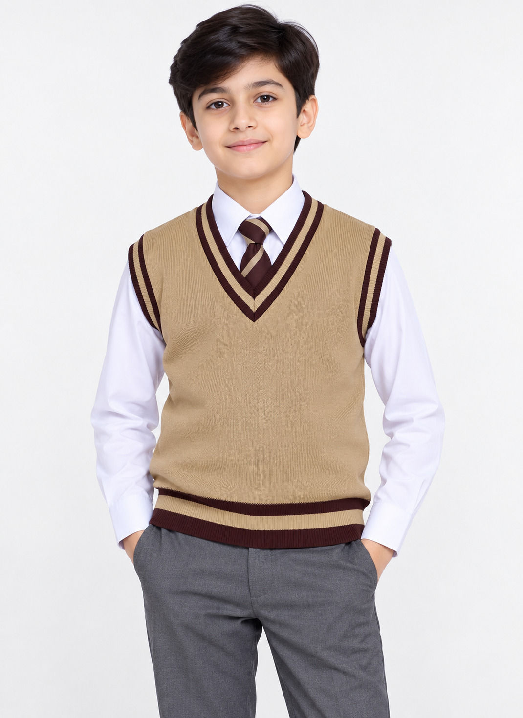 TOWRCO Boys Beige Sleeveless School Sweater | V-Neck Winter Uniform