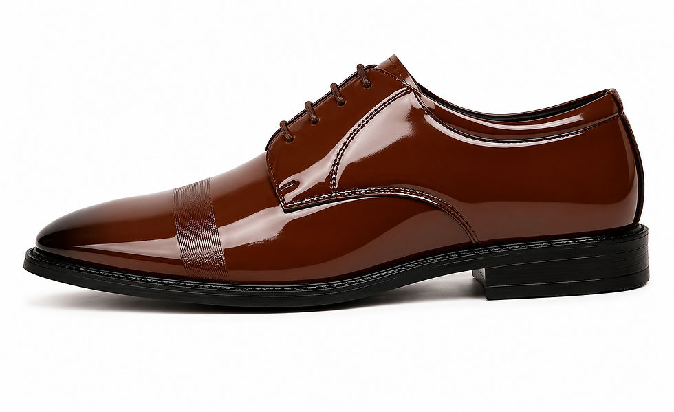 Thumbnail: Close up of premium mirror finish shine on Towrco brown derby shoes