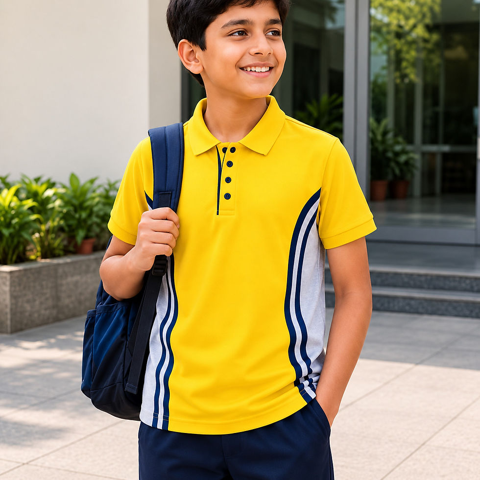 Yellow school house uniform T-shirt for boys with side stripe design