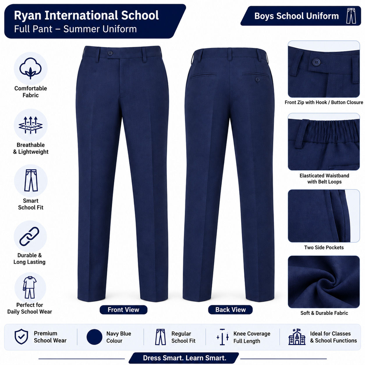 Ryan International School Boys Full Pant – Navy Blue Summer Uniform
