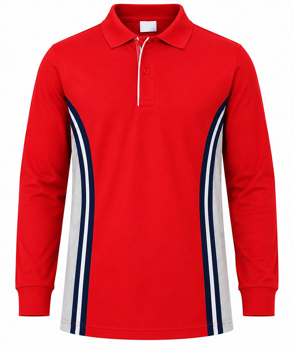 Red full sleeves school house T-shirt with navy and white side stripes for boys