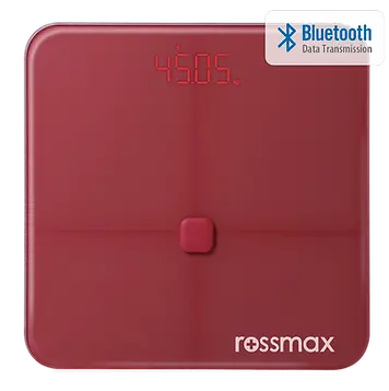 เครื่องชั่งน้ำหนัก rossmax WG260 สีแดงสด ชั่งน้ำหนัก และประเมินดัชนีร่างกายต่างๆ ได้ เชื่อมต่อ Bluetooth เพื่อส่งข้อมูลให้กับแอพลิเคชั่น Rossmax Healthstyle บนมือถือได้